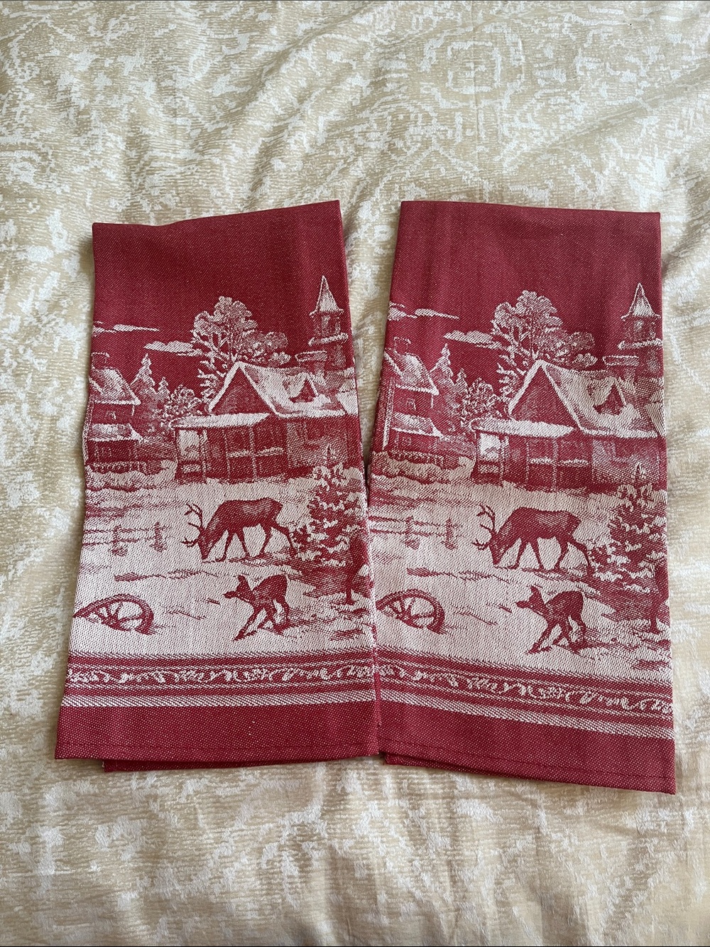 New William Sonoma 2 kitchen towels Holiday 2014 Winter Village deer jacquard